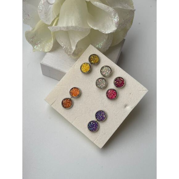 5 Pairs Round Stud Earrings Multicolor Glittering - Picture 1 of 11